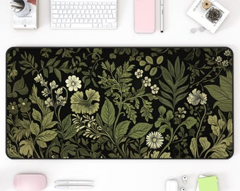 Green Botanical Desk Mat: Large Floral Plant Keyboard Pad
