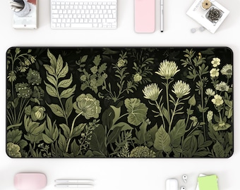 Green Floral Desk Mat: Botanical Plant Design, Large Desk Pad