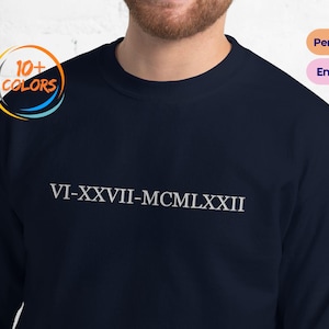 Personalized Embroidered Roman Numerals Hoodie, Anniversary Date Sweatshirt, Couples Gift with Initials on Sleeve, Valentines Christmas Gift