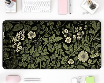Botanical Desk Mat: Green Floral Plant Art, Large Keyboard Pad