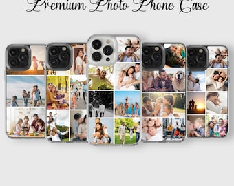 May include: A collection of phone cases, each featuring a collage of family photos. The cases are clear with a black camera lens surround. The text "Premium Photo Phone Case" is written in a cursive font above the cases.