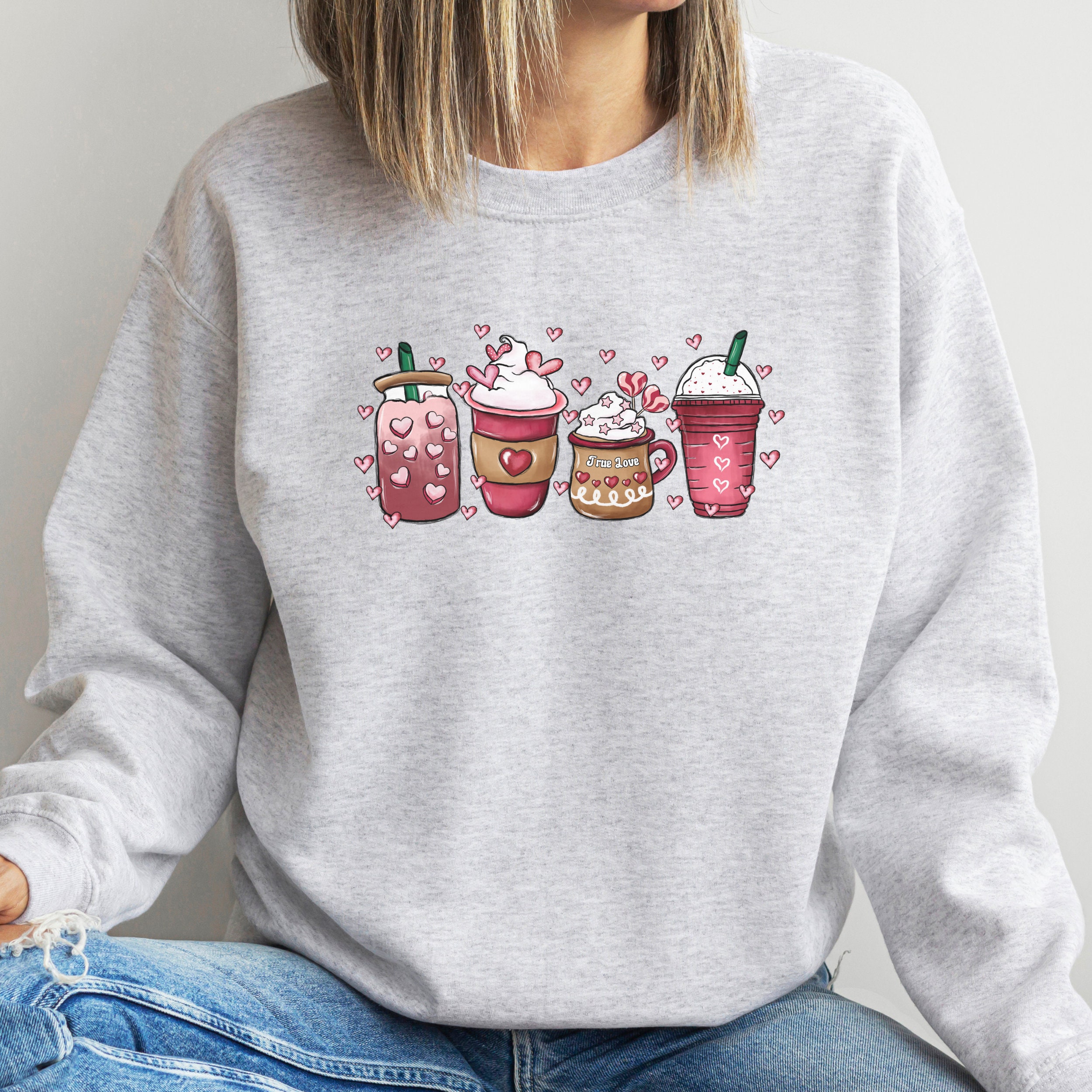 VVNTY Valentine's Day Sweatshirt For Women – Cute Coffee & Heart Graphic, Cotton Blend Pullover, Casual Gift Top