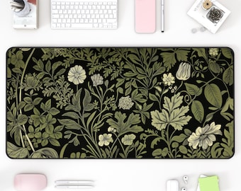 Green Botanical Desk Mat: Floral Plant Art, Large Keyboard Pad