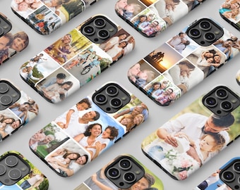 May include: A collection of phone cases featuring personalized photo collages. Each case displays multiple family photos arranged in a grid pattern. The cases showcase various family moments, with a focus on capturing memories and relationships.