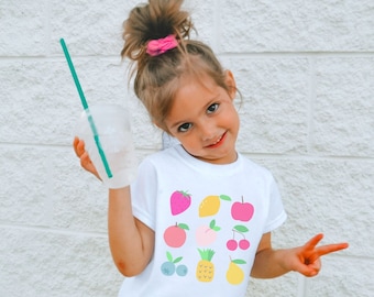 Retro fruitshirt voor meisjes, kindershirt grafisch, trendy lenteshirt, zomerfruitshirt, schattig fruitt-shirt voor zomer, cadeau voor meisjes