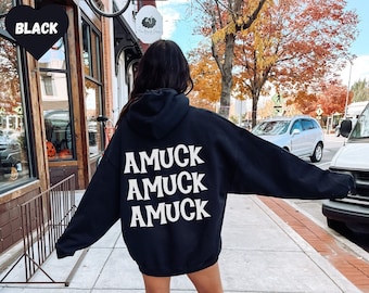 Halloween-hoody, Amuck-sweater, Halloween-sweater voor vrouwen, woorden op achterkant hoodie voor Halloween, Sanderson-hoodie