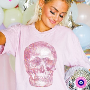 Skull Shirt for Women, Designer Skull T-Shirt, Women&#39;s Halloween Shirt, Pink Halloween Shirt, Halloween Skull Tee, Gift For Her, Skull Tee