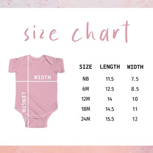 May include: Size chart for baby clothes with measurements in inches. The chart shows the size, length, and width of the clothes. The sizes are NB, 6M, 12M, 18M, and 24M.