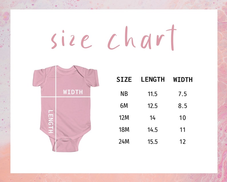 May include: Size chart for baby clothes with measurements in inches. The chart shows the size, length, and width of the clothes. The sizes are NB, 6M, 12M, 18M, and 24M.