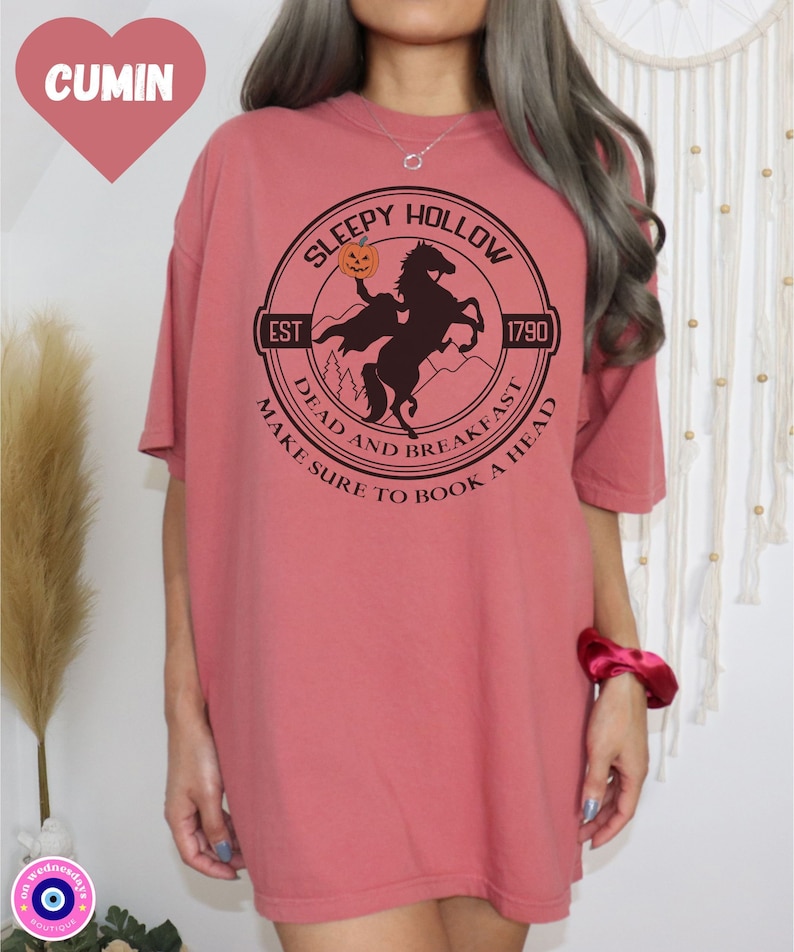 May include: A pink t-shirt with a black and white graphic of a headless horseman riding a horse. The graphic is in a circle with the text "Sleepy Hollow" at the top, "Est 1790" on the right, "Dead and Breakfast" at the bottom left, and "Make Sure to Book a Head" at the bottom right.