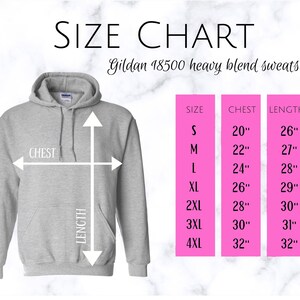 May include: Size chart for Gildan 18500 heavy blend sweatshirts. The chart shows sizes S through 4XL with corresponding chest and length measurements in inches.