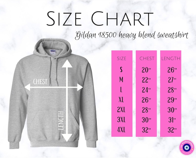 May include: Size chart for Gildan 18500 heavy blend sweatshirts. The chart shows sizes S through 4XL with corresponding chest and length measurements in inches.