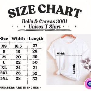 May include: Size chart for Bella + Canvas 3001 unisex t-shirts. The chart shows the width and length in inches for sizes XS to 3XL.