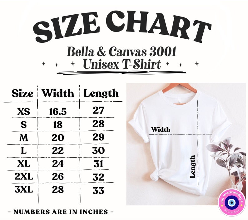 May include: Size chart for Bella + Canvas 3001 unisex t-shirts. The chart shows the width and length in inches for sizes XS to 3XL.