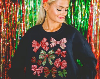 Christmas Bow Crewneck Sweatshirt, Holiday Gift for Her, Christmas Sweatshirt for Women, Coquette Christmas Shirt, Red Bow Sweater