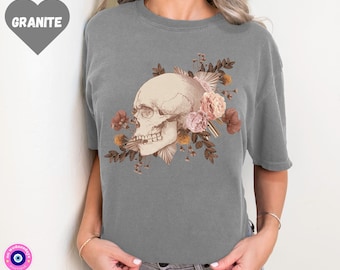 Floral Skull Shirt, Fall Clothing for Women, Skull Flower Shirt, Skeleton Tshirt, Gift for Her, Oversized Tshirt for Women, Skull Tshirt