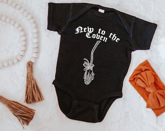 New to the Coven Classic Baby Short Sleeve Onesie | Witch Baby | Funny Baby Clothes | New To The Coven | Funny Onesies | Baby Halloween