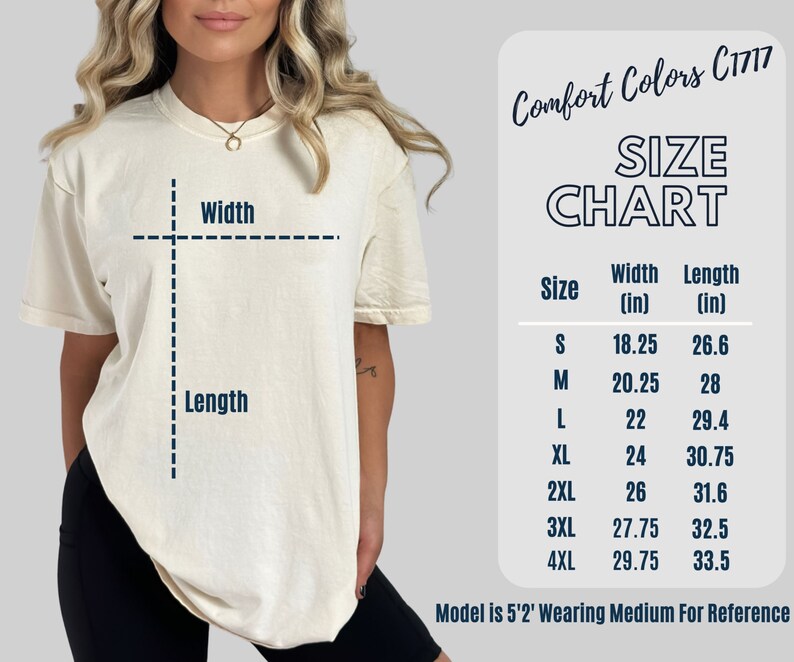 May include: Size chart for a t-shirt with measurements in inches. The chart shows the width and length of the shirt in sizes S, M, L, XL, 2XL, 3XL, and 4XL. Comfort Colors C1717.