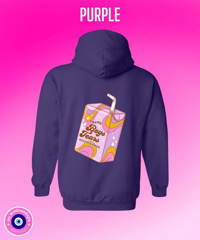May include: Purple hoodie with a graphic of a cartoon juice box that says "Fresh Boys Tears Gluten-Free" on it.