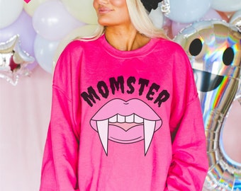 Momster Sweatshirt for Fall, Halloween Gift for Mom, Halloween Crewneck, Halloween Party Shirt, Funny Halloween Sweatshirt, Vampire Fang Tee