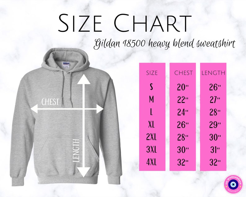 K&ouml;nnte beinhalten: Ein hellgraues Gildan 18500 Heavy Blend Sweatshirt mit Gr&ouml;&szlig;entabelle. Die Tabelle listet die Gr&ouml;&szlig;en S bis 4XL auf, mit Brustma&szlig;en von 51 cm bis 81 cm und L&auml;ngen von 66 cm bis 81 cm. Der Text "SIZE CHART" steht oben.
