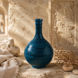 May include: A glossy deep blue ceramic vase with a narrow neck and a rounded body, featuring intricate black hand-painted geometric patterns including horizontal bands of triangles, circles, and stylized linear motifs across the surface.