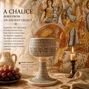 Può includere: Un calice in ceramica con intricati motivi geometrici e floreali neri disegnati a mano su una base color crema. Il testo sull'immagine recita A CHALICE BORN FROM AN ANCIENT LEGACY, DARK CHURCH, Göreme Open Air Museum, Cappadocia, Türkiye.