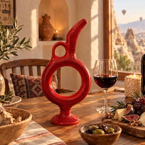 May include: A bright red ceramic vessel with a circular body, a central opening, a tall curved spout, and a small handle, featuring a fine black speckled pattern across its entire surface, standing upright on a circular base.