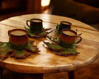 Handmade Ceramic Cup with Natural Green Leaf Design | Espresso and Americano Coffee Cup