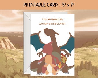 Pocket Monster Digital Card | Fire Type Printable Card | First Generation Starter Fan Art | Anime Birthday Gift