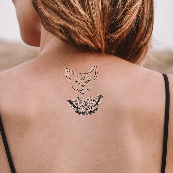 Set Cat and Butterfly - Temporary Tattoo #organic #schmetterling #fineline #natur #festival #orientalisch #kurzhaar #tier #insekt #mystik