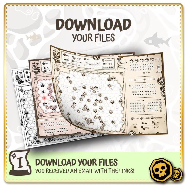 May include: A digital download for a printable board game called "Roll Rum". The game board is a hexagonal grid with various symbols and numbers. The image shows a message that the files have been sent to the buyer's email.
