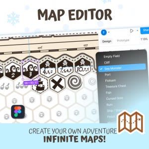 May include: A screen shot of a mobile app for creating adventure maps. The app has a hexagonal grid with different icons on each hexagon. The icons include a skull and crossbones, a ship, a whirlpool, and a treasure chest. The app also has a menu on the right side of the screen with different options for adding elements to the map. The text on the screen says "MAP EDITOR" and "CREATE YOUR OWN ADVENTURE INFINITE MAPS!"