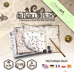 May include: Roll Rum board game, a pirate-themed game for 1-99 players, with a brown and white game board, dice, and a pencil. The game takes 20 minutes to play and has multilingual rules in English, French, German, Polish, and Spanish.