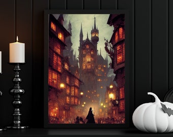 GOTHIC FANTASY CITY Print / Limited Print / Wall Art / Halloween Poster / Halloween Decor / Ai Art / Fall / City / Digital Illustration