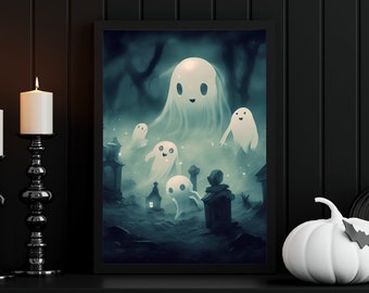 CUTE GRAVEYARD GHOSTS Print / Limited Print / Wall Art / Halloween Poster / Halloween Decor / Ai Art / Fall / Ghost / Digital Illustration