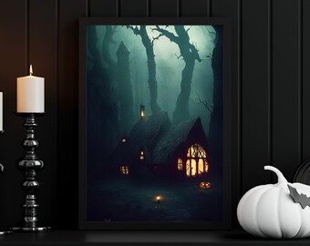 HAUNTED WITCH CABIN Print / Limited Print / Wall Art / Halloween Poster / Halloween Decor / Ai Art / Fall / Witch / Digital Illustration