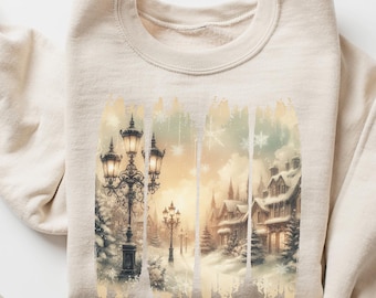Vintage kerstdorp-sweater, bijpassende familietrui besneeuwde scène, retro kerst wintercabinetrui, jaren 90-stijl, uniseks ronde hals