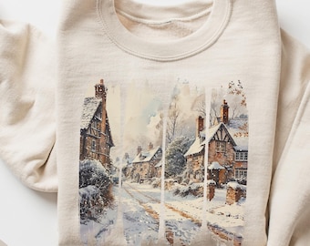 Vintage kerstdorp-sweater, bijpassende familietrui besneeuwde scène, retro kerst wintercabinetrui, jaren 90-stijl, uniseks ronde hals
