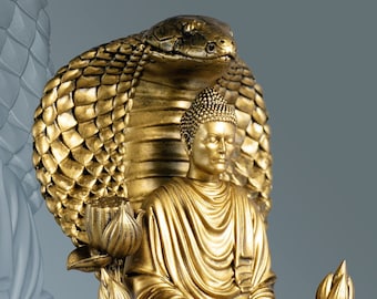 Buddha Statue. Siddhartha Gautama, the Buddha, Buddhism Founder.  Protected by Naga King Mucalinda. (UV-resin 3D-print)