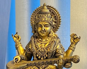 Maa Saraswati Statue, Hindu Goddess of Knowledge, Education, Wisdom & Arts. (UV-resin 3D-print)