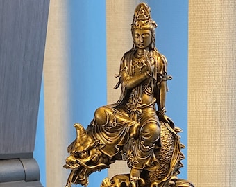 Guan Yin Statue. Goddess of Mercy, Bodhisattva of Compassion Riding Dragon Fish. (UV-resin 3D-print)