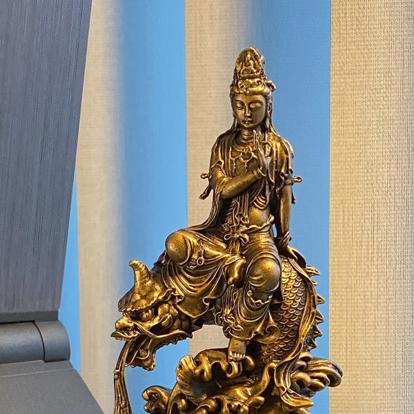 Statue of Goddess of Mercy Kannon (a.k.a. Bodhisattva of Compassion, Avalokiteshvara, Guanyin, Kwan Yin), riding Dragon Fish (Shachihoko)