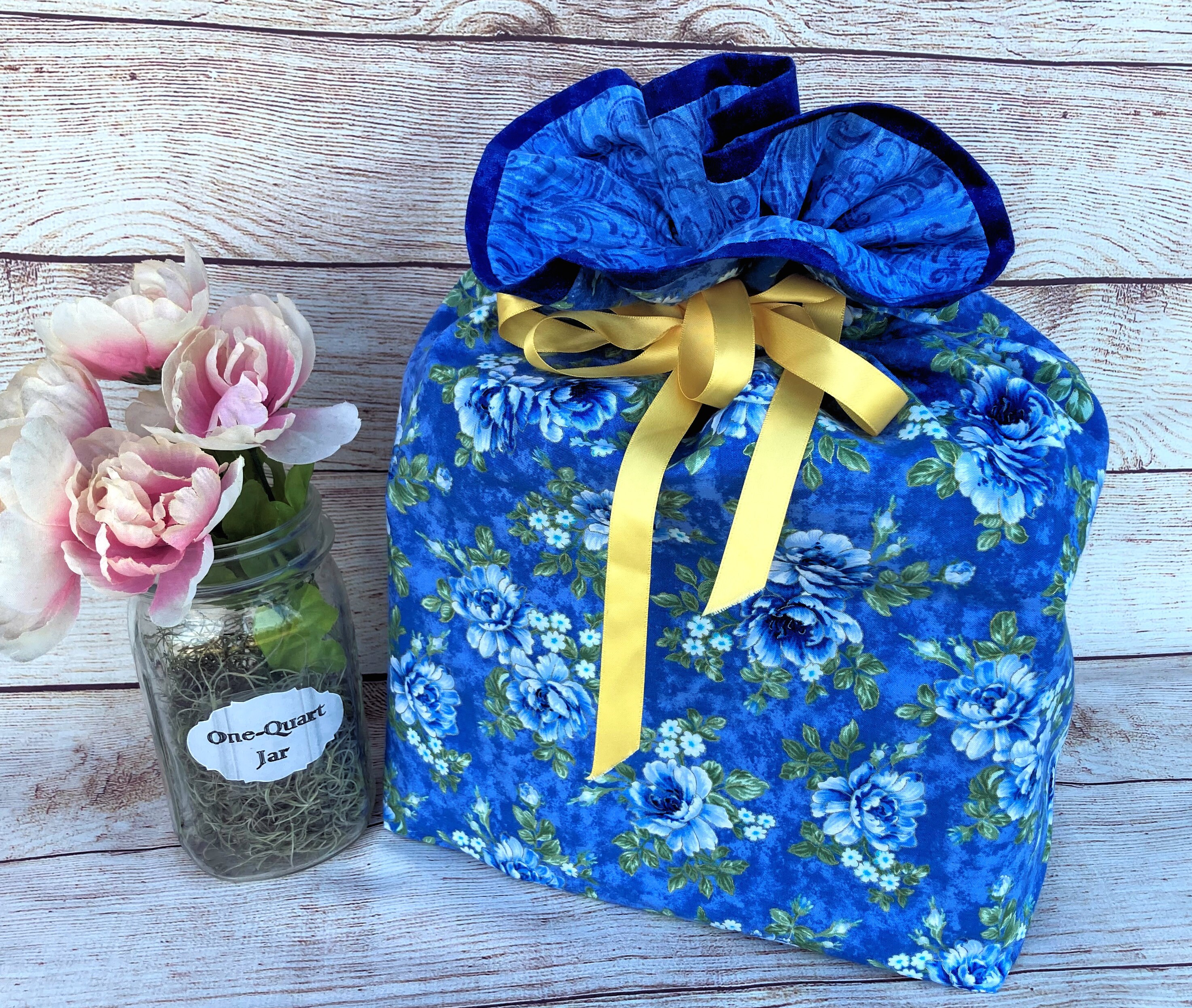 Reusable Cloth Bag; Blue & White Flowers - Thumbnail 3