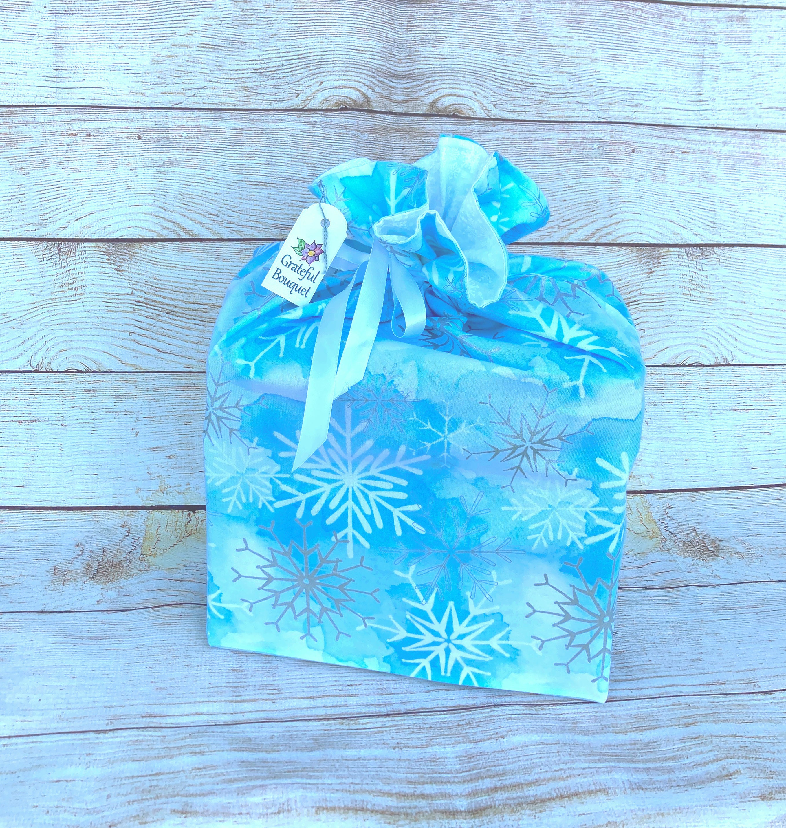 Reusable Cloth Bag; Blue & White Snowflakes