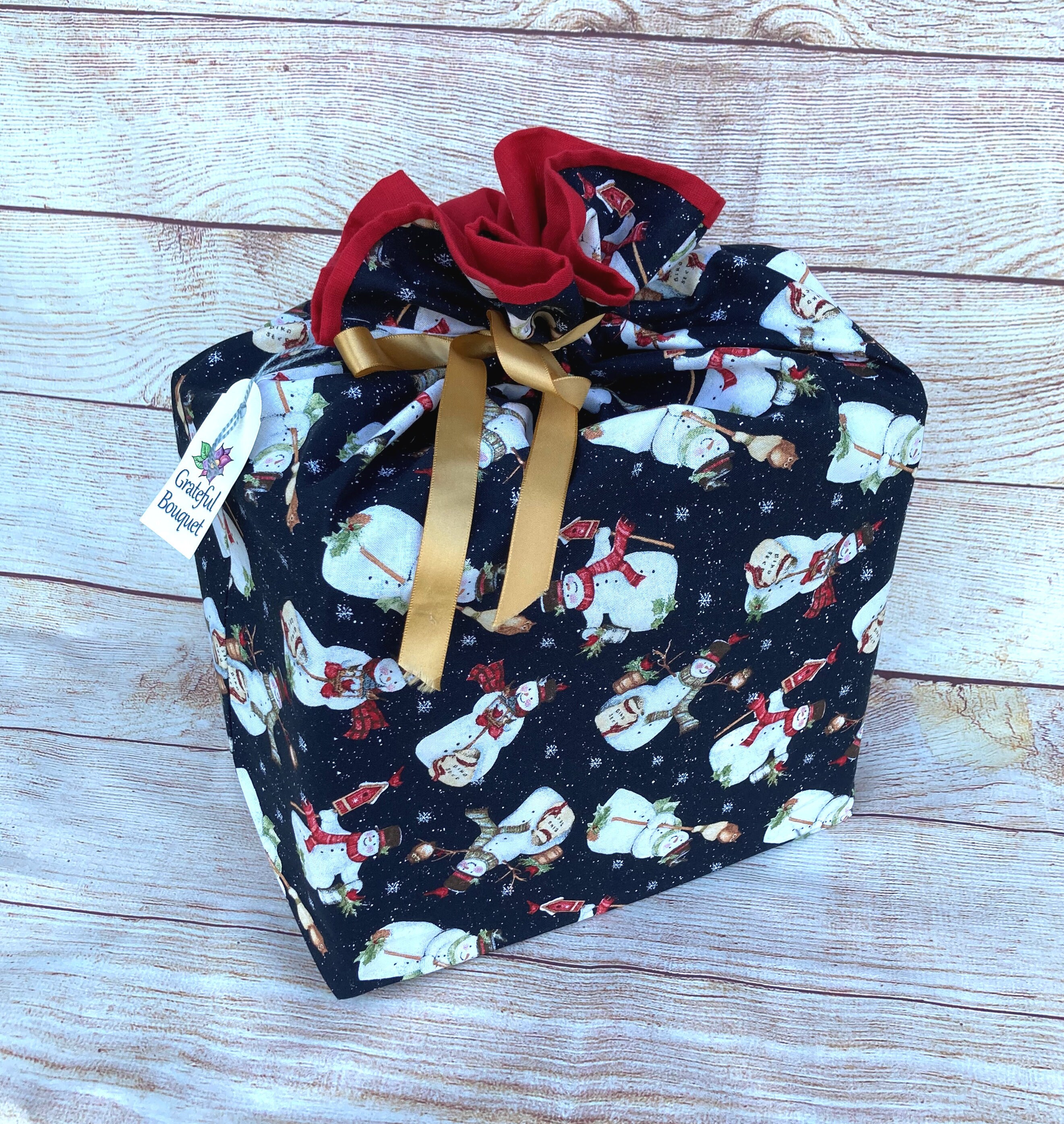 Reusable Cloth Bag; Black-red, medium. Snowmen. Cherries. - Thumbnail 3