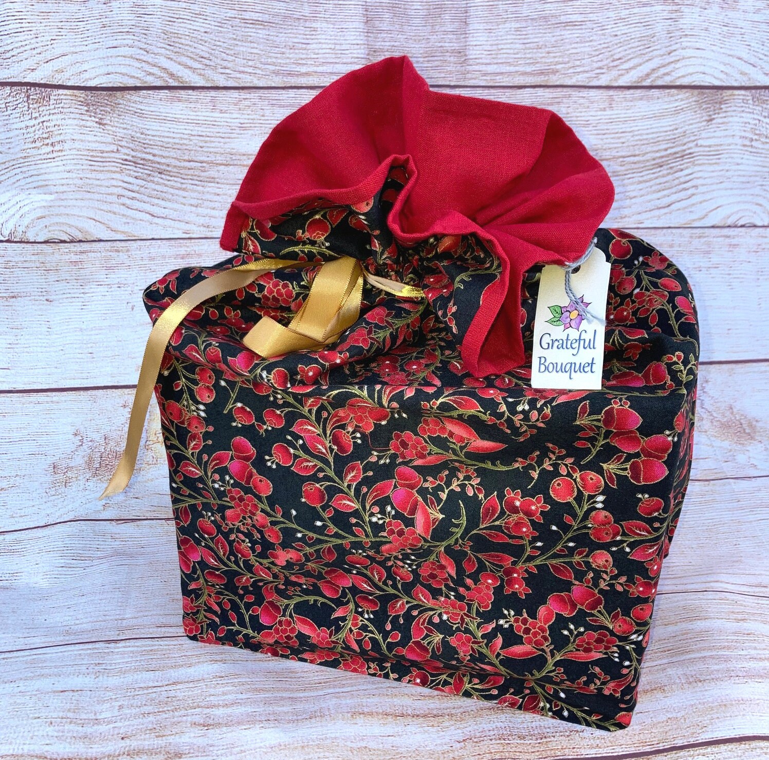 Reusable Cloth Bag; Black-red, medium. Snowmen. Cherries. - Thumbnail 6