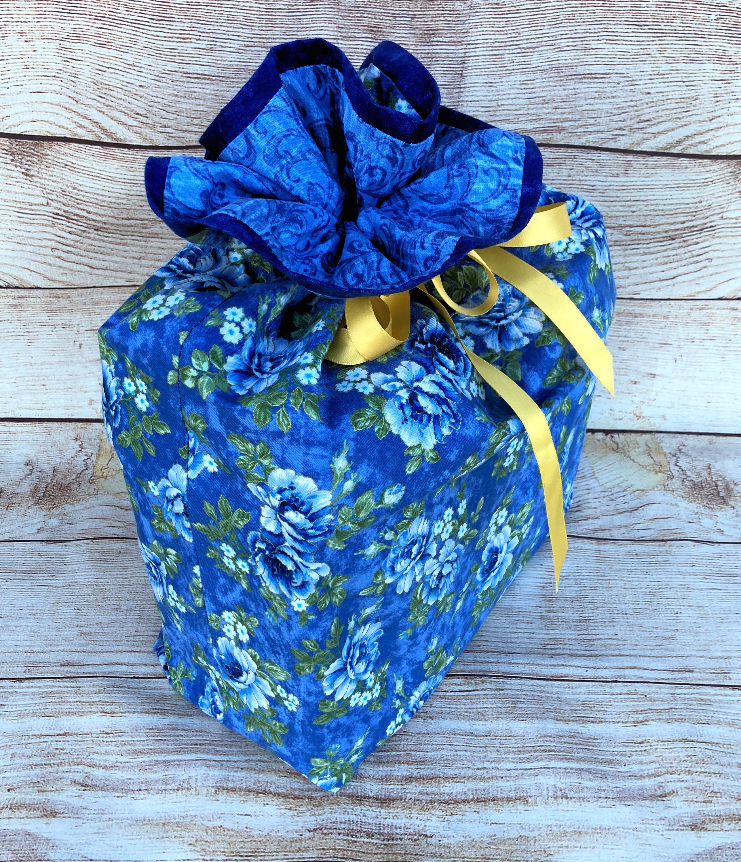 Reusable Cloth Bag; Blue & White Flowers - Thumbnail 2