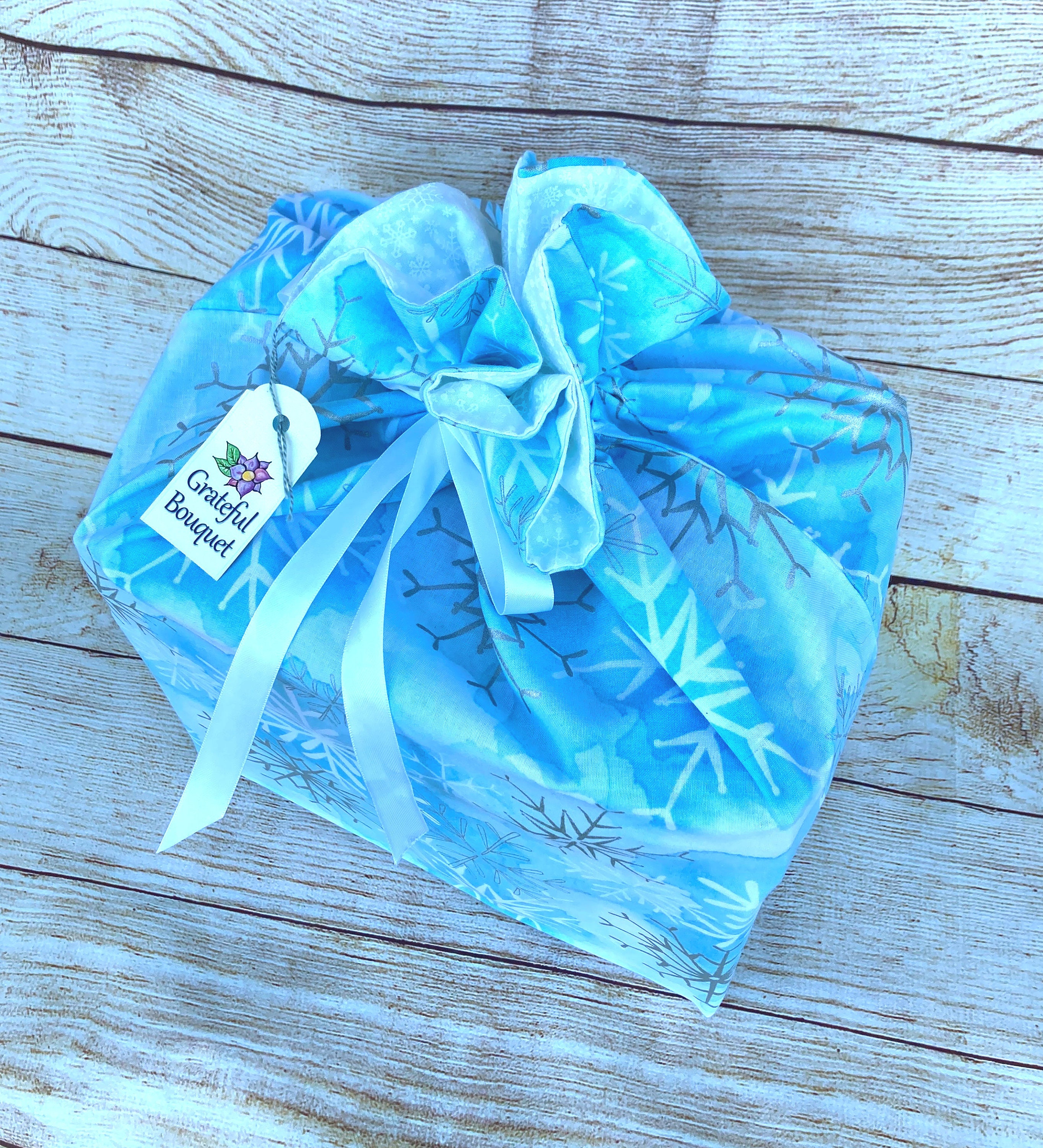 Reusable Cloth Bag; Blue & White Snowflakes - Thumbnail 4
