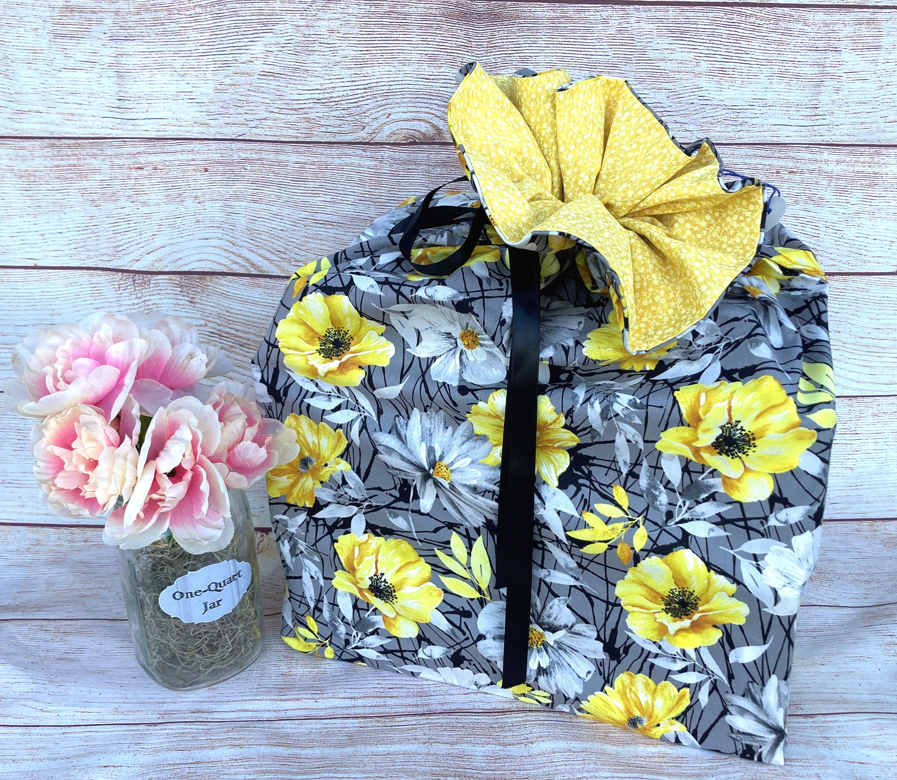 Reusable Cloth Bag; Yellow-Flowers, Gray, Black. Large/Small.